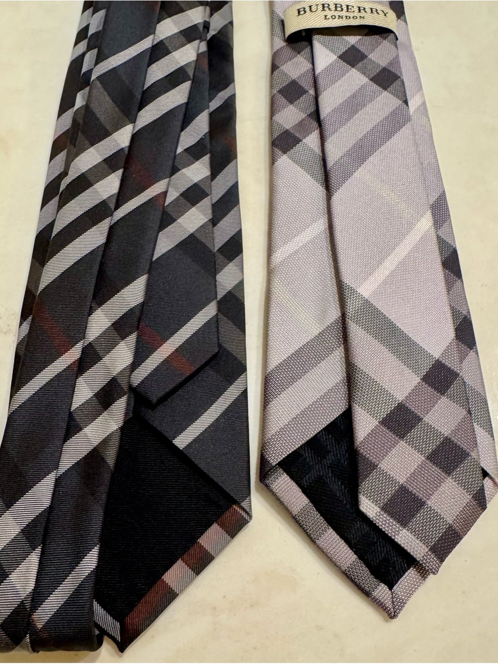 2 Classic Plaid Check Men's Burberry Ties - Black Charcoal Gray Never Worn - Picture 4 of 9